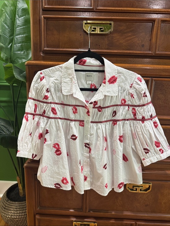 Maeve Tops - Maeve White Button-Down Blouse with Red Lip Print